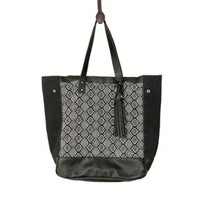 Abercrombie & Fitch Black Tapestry Tote Bag Beaded Canvas Faux Leather Southwest